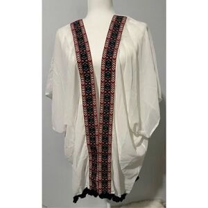 West loop Embroidered trim lightweight cover up kimono flowy frindge open front